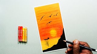 VERMILLION Colour SUNRISE Scenery Drawing  Easy Drawing for Beginners  Oil Pastel Drawing [upl. by Belen935]