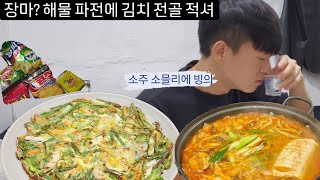 비 오는 날 김치전골 해물파전에 2차 집에서 과자 술 먹방 Seafood pajeon Kimchi hot pot mukbang [upl. by Dazhehs378]