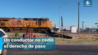 Tren impacta y destroza auto que terminó sobre las vías tras choque fatal en Texas [upl. by Taddeo]