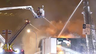 Montréal Incendie commercial Crémazie  Extensive fire fighting at 4th alarm 1222018 [upl. by Grier]