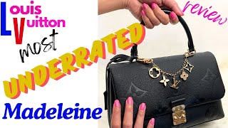 LOUIS VUITTON MOST UNDERRATED HANDBAG REVIEW MADELEINE MM  WEAR amp TEAR A MUST HAVE [upl. by Ybok733]