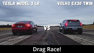 2024 Volvo EX30 Twin Motor Performance 428hp vs 2024 Tesla Model 3 Long Range 390hp  Drag Race 4K [upl. by Sancha201]