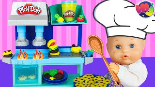 🍔 COCINA PLAY DOH con mis BEBÉS 🍟 Juguete cocina Plastilina 🍕🌭 [upl. by Astrid]