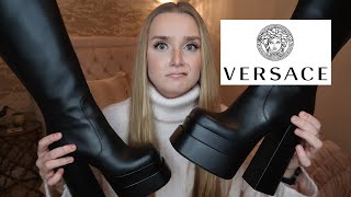 VERSACE INTRICO  AEVITAS KNEE HIGH LEATHER PLATFORM BOOTS  UNBOXING REVIEW amp TRY ON [upl. by Intosh217]