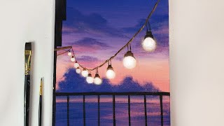 Painting Tutorial  String Lights Sunset Scenery  Acrylic Painting Tutorial For Beginners [upl. by Ranchod]