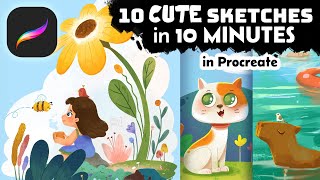 10 Cute Sketches In 10 Minutes  PROCREATE Childrens Book Illustrations  Digital Art Timelapse [upl. by Christina]