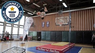 Farthest forward flip trampette slam dunk  Guinness World Records [upl. by Kone]