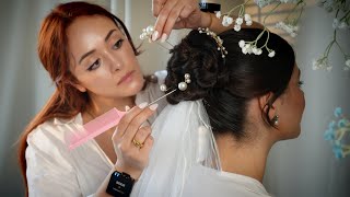 Bridal Elegant Hairstyle Trial  High Messy Bun with Tiara amp Veil Relaxing Soft Spoken ASMR Styling [upl. by Mitzl158]