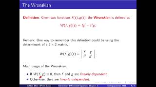 Video34 Existence and Uniqueness Them Definition of Wronskian Elementary Differential Equations [upl. by Tipton]