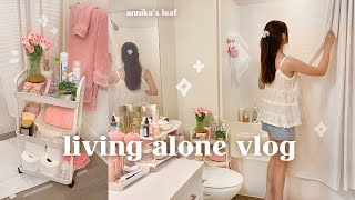 apartment bathroom makeover 🏡🌷 pinterest aesthetic decorating amp organization living alone [upl. by Olyhs471]