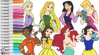 Disney Princess Coloring Book Compilation Rapunzel Tiana Belle Mulan Elsa Ariel Cinderella Snow [upl. by Kimura]