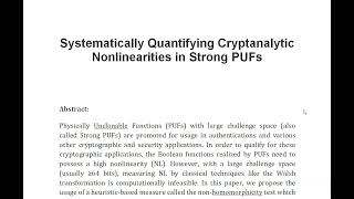 Systematically Quantifying Cryptanalytic Nonlinearities in Strong PUFs [upl. by Yenal297]