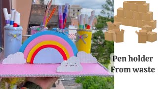 Waste cardboard pen holder How to make pen holder from waste  pen Organizer [upl. by Blanka615]