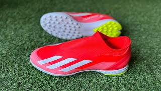 ADIDAS X CRAZYFAST LEAGUE LACELESS TURF BOOTS SOLAR RED  CLOUD WHITE  TEAM SOLAR YELLOW 2 [upl. by Custer]