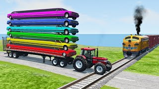 Double Flatbed Trailer Truck vs Speedbumps Train vs Cars  Tractor vs Train BeamngDrive 050 [upl. by Ullund]