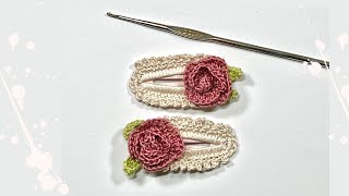 Crochet Beautiful Rose Barrettes Hair Clips Easy steps [upl. by Agamemnon136]