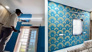 Wall painting stencil design for bedroom  Wall painting designs [upl. by Noiraa442]