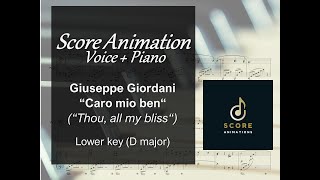 Giordani “Caro mio ben“ Lower key D major Score animation Voice  piano [upl. by Siuqram]