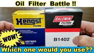 Hengst H97W05 Oil Filter Cut Open vs Baldwin B1402 Oil Filter Cut Open [upl. by Shelli]