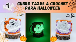 🇪🇸Tejer Cubre Tazas a Crochet con Fantasmas TutorialFunda para Taza a Crochet de Halloween [upl. by Ecylla]