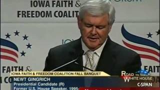 Presidential Candidate Newt Gingrich Speaks at Iowa Faith amp Freedom Coalition [upl. by Adamik817]