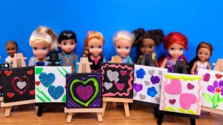 Art class  Elsa amp Anna toddlers  painting  Barbie is the teacher  school [upl. by Llerdnod]