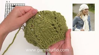 How to knit lace pattern after A1 in the hat in DROPS 17229 [upl. by Eelymmij93]