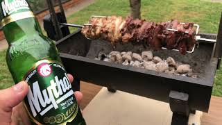 BUNNINGS Jumbuck Rondo Spit Roaster  GREEK KONTOSOUVLI with lambChicken and a Mythos BEER [upl. by Lednek679]