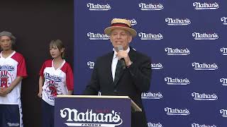 Nathans Hot Dog Eating Contest holds official weighin ceremony [upl. by Auqinihs]