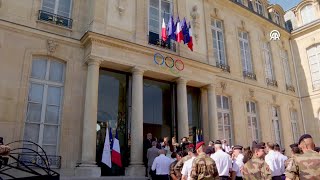 French President Macron receives the staff of the Paris 2024 Olympic Games [upl. by Suiravaj]