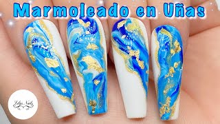 Marmoleado en Uñas en tono Azul  Efecto Mármol en uñas muy fácil de hacer [upl. by Ahsekin765]