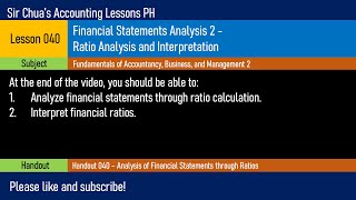 FABM2 Lesson 040  Financial Statements Analysis Ratio Analysis and Interpretation [upl. by Aknahs]