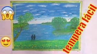 COMO PINTAR UN PAISAJE CON TEMPERA ESCOLAR FÃCIL  como pintar un lago PAISAJE ROMÃNTICO [upl. by Garwin44]