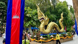 Wat Phnom Decor for Songkran in Phnom Penh City Cambodia  Happy Khmer New Year 2024 Gold Dragon [upl. by Imeaj994]