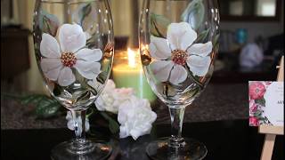 Magnolias  Hand Painted Water Glasses  with Enamel Paint [upl. by Farra]