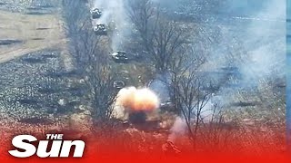 Entire column of Russian tanks destroyed by Ukrainian forces in Donetsk [upl. by Ayerdna]