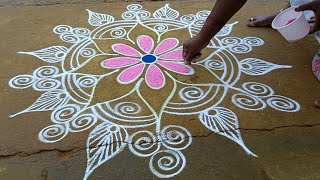 Friday Spl Big kolamKarthigai kolamTraditional colour kolamMuggulukolam thenmozhirangolis8602 [upl. by Yniatirb222]