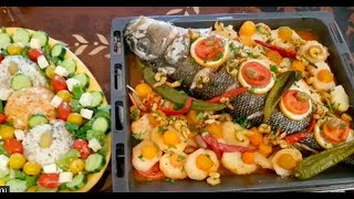 Repas complet avec bar au four salade crudité et dessert rapide وجبة سريعة وتحلية في 5دقائق [upl. by Cavallaro613]