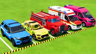 TRANSPORTING POLICE CARS AMBULANCE CAR FIRE DEPARTMENT WITH MAN TRUCKS  Farming Simulator 22 [upl. by Htaras]