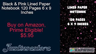 Black amp Pink Lined Paper Notebook 120 Pages 6 x 9 Inches Gifts for Student Justinsestore [upl. by Noah]