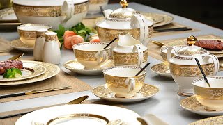 High Quality luxury embossed gold dinnerware porcelain dinner sets Wholesale  Karosa Chinaware [upl. by Sirtimid]