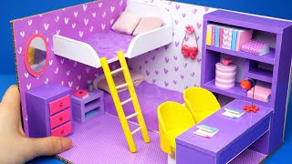 DIY Miniature Cardboard House 28 purple bedroom for two [upl. by Yroj664]