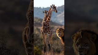 Giraffe Calf Rides High with Watchful Lions Nearby cute fluffyfriends giraffe babyanimals ai [upl. by Aubarta]