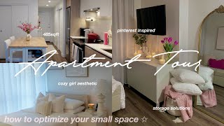 FURNISHED APARTMENT TOUR 485sqft 🎀🪞 how to decorate amp organize small space pinterest inspired [upl. by Ekralc179]