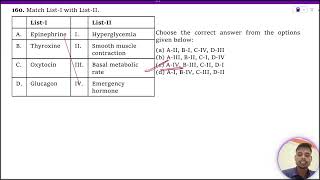 Match ListI with ListII ListI ListII A Epinephrine I Hyperglycemia B Thyroxine II Smooth muscl [upl. by Rozek]