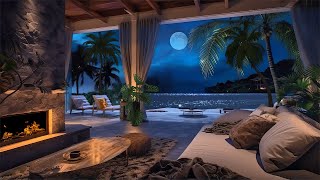 Ocean Front Villa  Night Ambience  Calm Beach Waves amp Crackling Fire Sound Crickets Conversation [upl. by Anihsat]