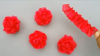 DIY  Ribbon Flowers  How to make ribbon flowers  Easy making with needle  Amazing Ribbon Tricks [upl. by Adlaremse]