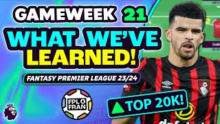 FPL GW21 What Weve Learned Teams to Target  TOP 20K  Fantasy Premier League 2324 [upl. by Crescentia570]