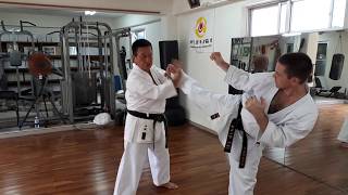 Uechi ryu sparring technique kumite in Yamashiro dojo Okinawa [upl. by Anilegna]