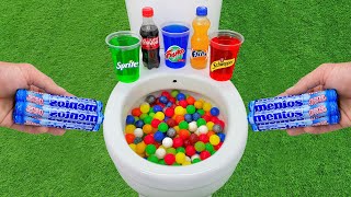 Mini Plastic Balls VS Popular Sodas  Sprite Different Coca Cola Fanta and Mentos in the Toilet [upl. by Eiliab]